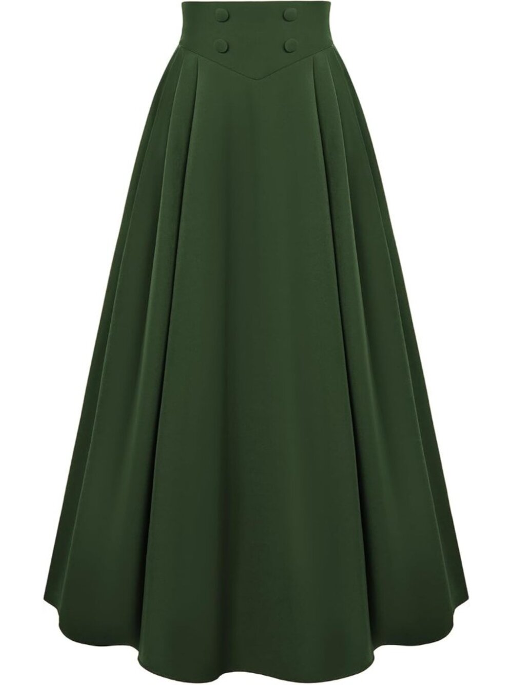 Women's Olive Side Pleats Back Elastic Waistband Side Zipper Maxi A Line Skirt